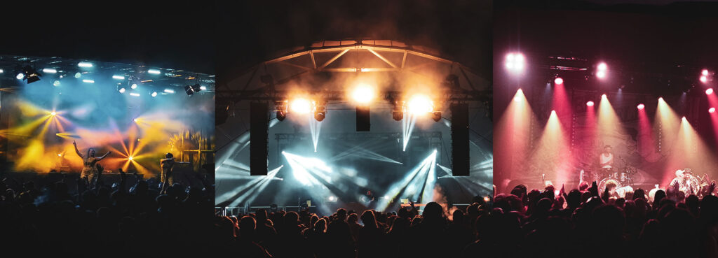 Breites Banner mit drei Bildern von einer Lichtshow für verschiedene Events